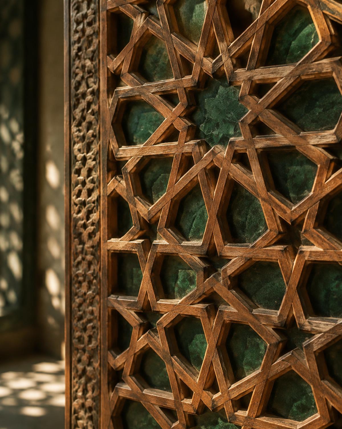 Detail van houtsnijwerk met een geometrisch sterrenpatroon
